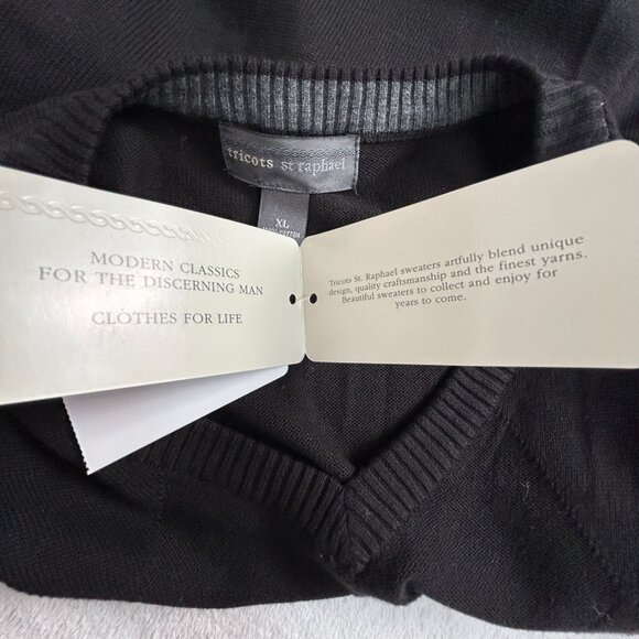 Tricots St Raphael Mens V-Neck Argyle Sweater Vest XL Black Cotton Pullover New - Picture 4 of 8